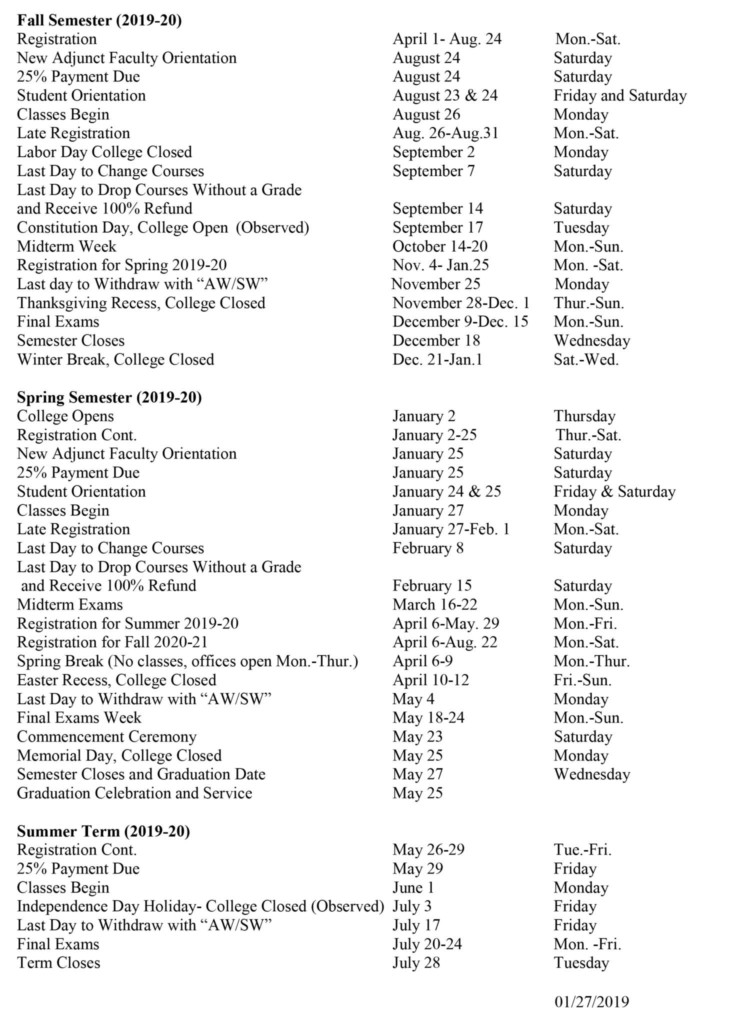 Academic Calendar St. Augustine College